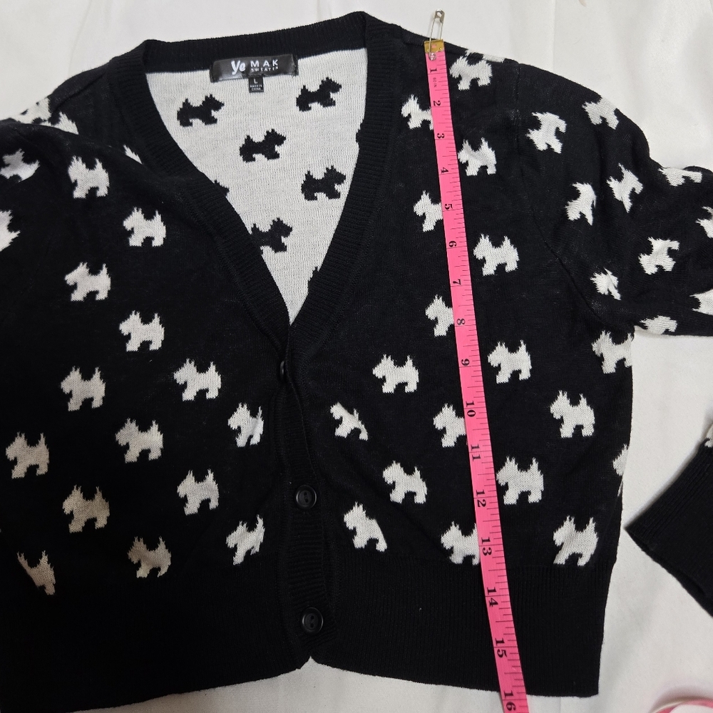 YEMAK black and white cropped Scottie dog button up cardigan sweater L - Picture 8 of 9